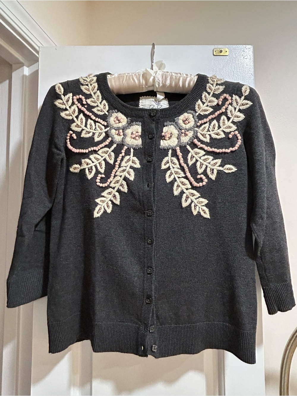 Anthropologie Dark Gray Embroidered Floral Cardigan